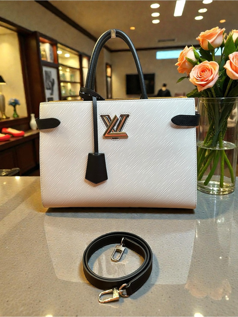 Louis Vuitton White and Black Epi Leather Satchel with LV Monogram